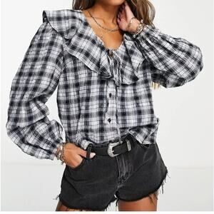 Topshop Ruffle Front Check Long Sleeve Button-Up Top Blue Size 10 Cottagecore